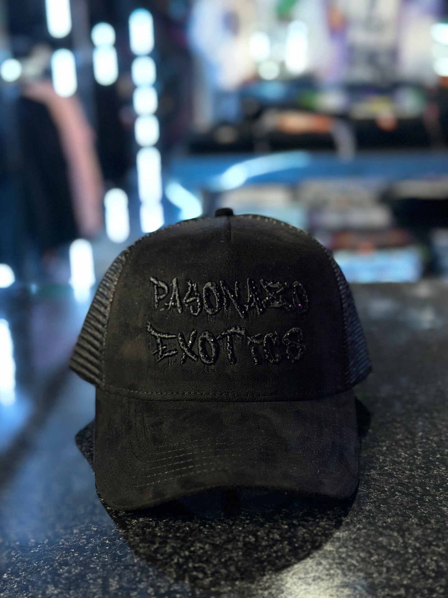 “Payonazo Exotics” Black Suede Trucker Hat With Rhinestones